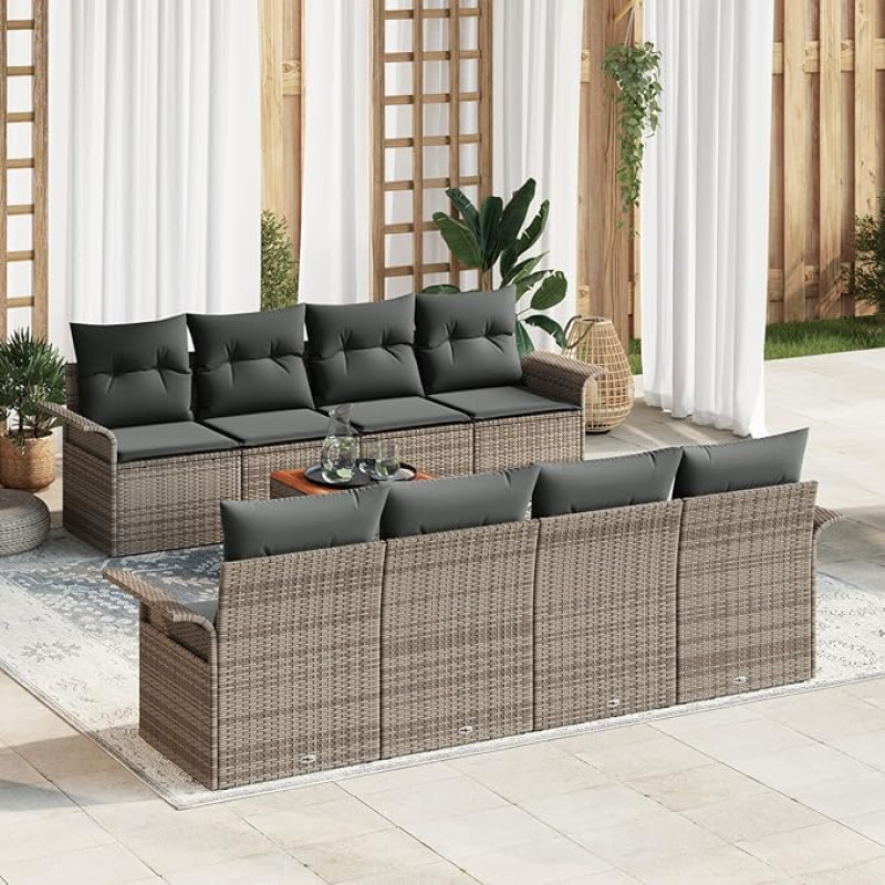 Rantry 9-teiliges Garten Sofa Set mit Kissen Grau Poly Rattan Akazie, 2-Sitzer Garten Sofa mit Stauraum & Kissen Grau Poly Rattan Gartenlounge Modelis3355969