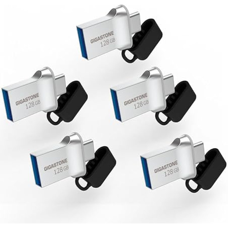 GIGASTONE: USB 128 GB 5 vienetų, OTG 2-in-1 USB atmintinė, Z50 USB 3.2 Gen 1, dviguba USB C ir USB A, metalinis stilius, patikima, patvari, suderinama su USB 2.0 / USB 3.0 / USB 3.1 sąsaja