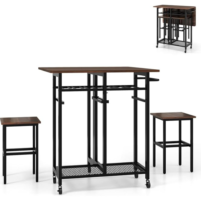 RELAX4LIFE 3 dalių sulankstomų valgomųjų stalų rinkinys, baro stalas ant ratukų, virtuvės stalas su 2 taburetėmis, valgomojo stalas su 6 butelių vyno laikikliu, lentynomis ir stumiama rankena, valgomojo rinkinys 2 žmonėms (rudas +