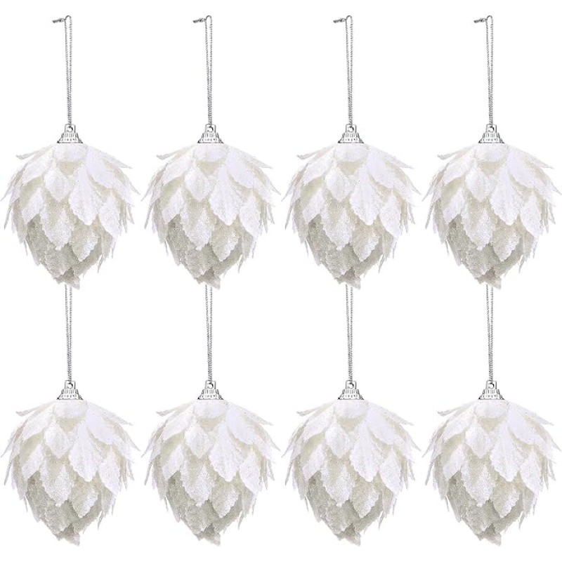 Jetec 8 Pieces Artificial Flowers Christmas Tree Ornaments Glitter Christmas Flowers Hanging Ornaments Decorative Glitter Flowers Hanging Fake Flowers for Christmas Wreath (White)