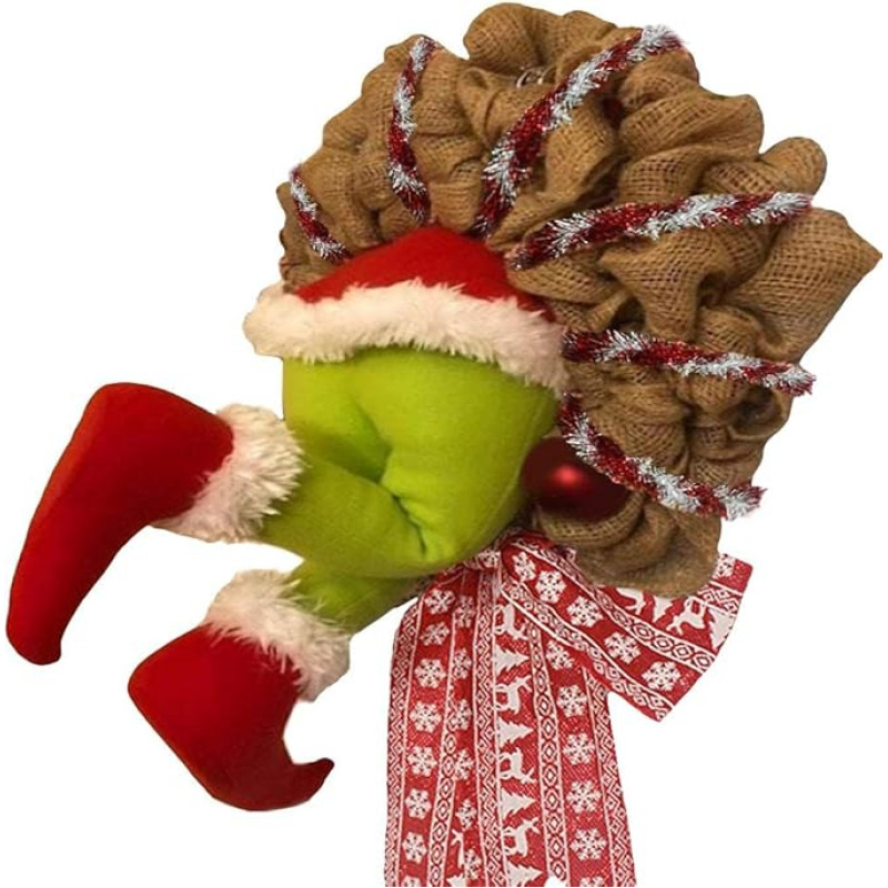 Gintdinpu Grinch Christmas Plush Wreath, Christmas Thief Stole Hessian Wreath, Elf Body Hessian Pose-Enabled Plush Legs Decorations Arch Wreath, Funny Santa Winter Wreath