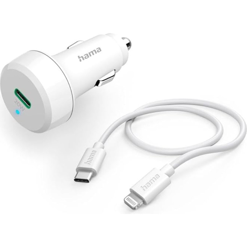 Hama Car Charger 20 W (USB C - Lightning, Power Delivery, 1 m, for Apple iPhone, Fast, Cigarette Lighter Socket Car) White