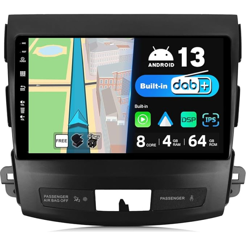 JOYX Android 13 IPS Car Radio Suitable for Mitsubishi Outlander (2008-2015) - Built-in DAB/DSP/Carplay/Android Car - 4G + 64G - Camera Mic Free - 9 Inch 2 DIN - SWC 4G WiFi BT Fast-boot 360 Camera