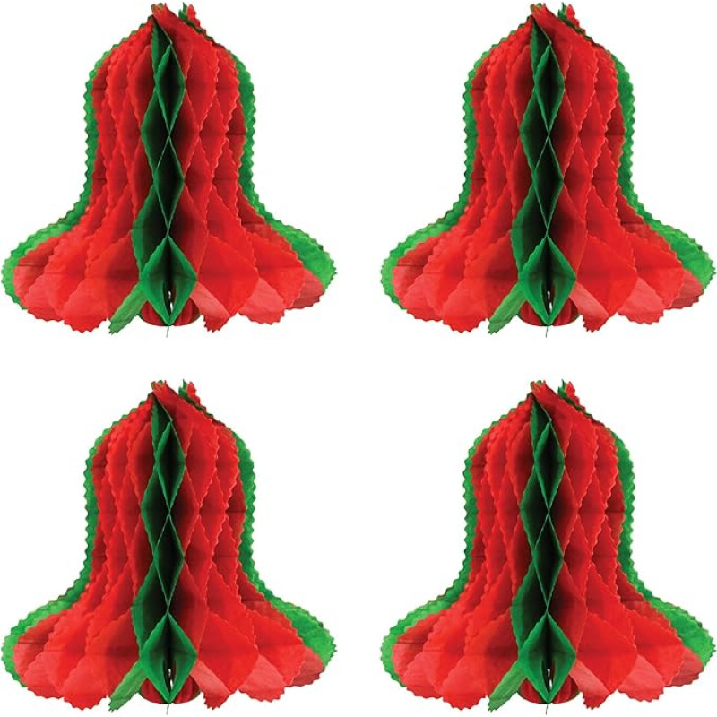 A Beistle Creation S22312-RGAZ4 Honeycomb Paper Bells Pack of 4 Christmas Decorations Winter Party Supplies, Paper, Red/Green