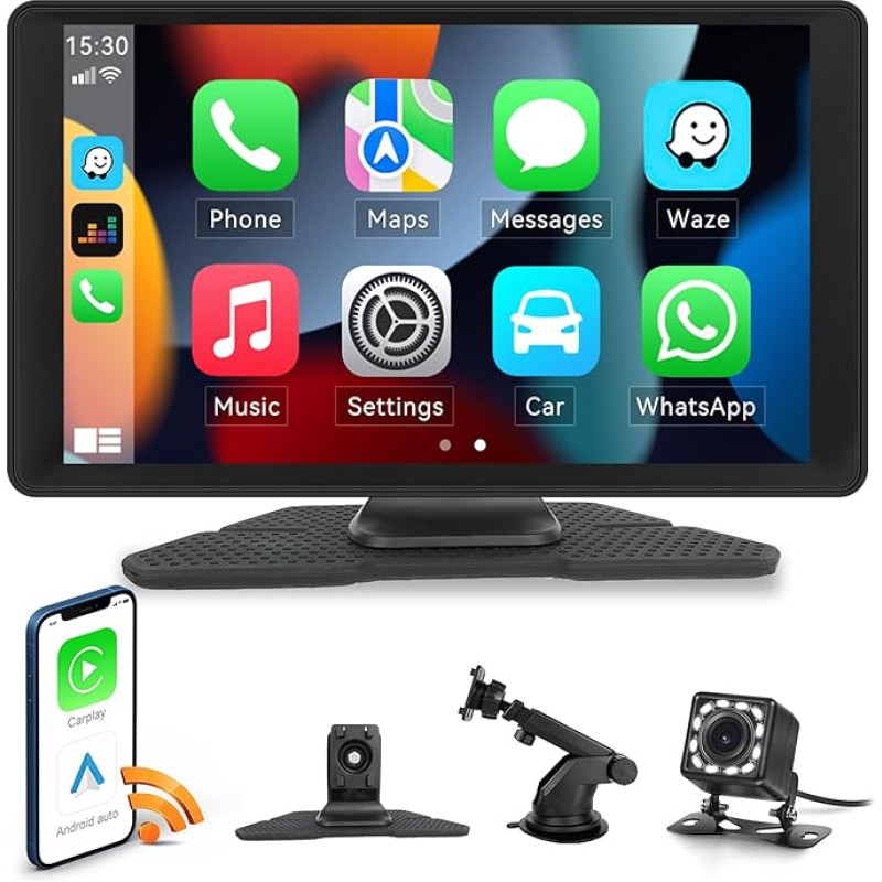 Auometo Wireless CarPlay & Android Car Display, 9 Inch Portable Car Radio Wireless Carplay with HD IPS Touch Screen, Bluetooth Hands-Free Function/FM/Google/Airplay/AUX + Reversing Camera