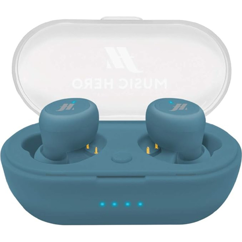 MUSIC HERO TWS True Wireless Stereo Headphones in Tube with 300mAh Charging Dock, Multifunction Buttons, Built-in Microphone, 4 Silicone Plugs Included, Light Blue