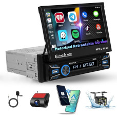 [Wireless] Hikity 1Din Car Radio with 7 Inch Motorised Screen + Reversing Camera + Dash Cam, Compatible with Wireless CarPlay & Android Car, Bluetooth Two USB Ports Remote Control Mic FM