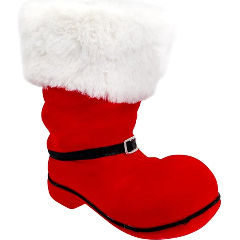 Idena 30537-Nikolausstiefel ca, rot beflockter Weihnachtsstiefel mit Schnalle und Fellbesatz, als Weihnachtsdekoration oder Geschenkverpackung, 18,5 x 13 x 20 cm