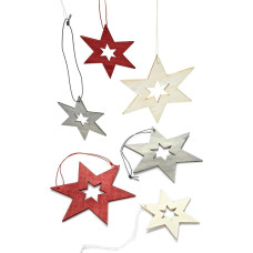 HEITMANN DECO Wooden Christmas Tree Decorations - Stars for Hanging - Christmas Tree Decoration - 24 Pieces Red, Grey, Natural, 22 x 13 x 4.5 cm