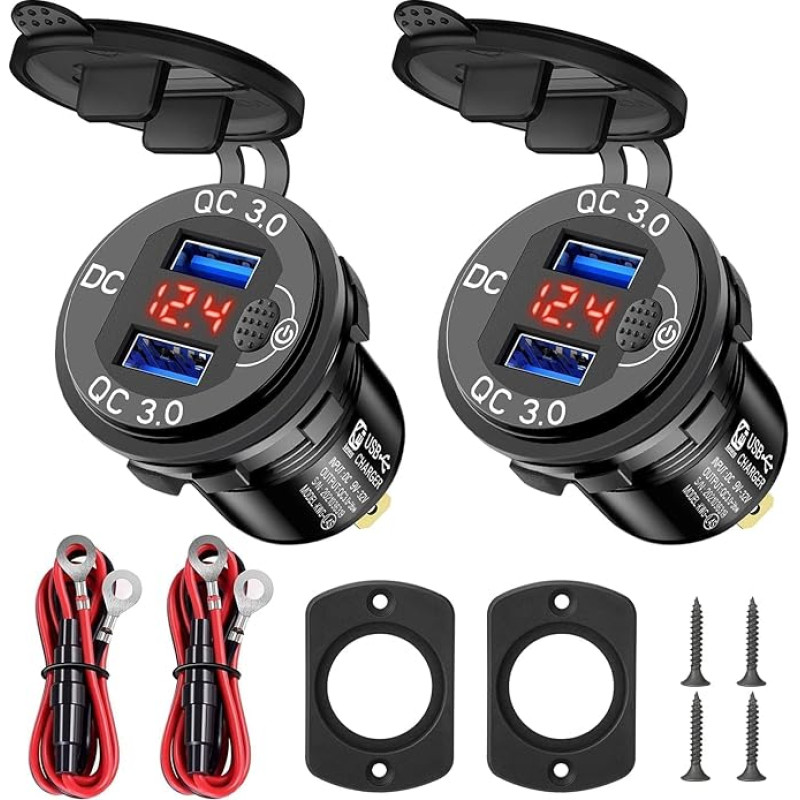 Linkstyle Car USB Socket, Dual USB QC3.0 Car Charger Installation with LED Voltmeter for 12V/24V Boat Motorcycle Marine Pack of 2 Red