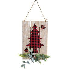 HEITMANN DECO Wooden Sign Christmas Tree Red / Black Checked Natural Approx. 31 x 20 cm