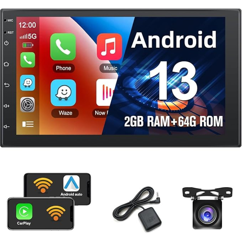 2+64G podofo 2Din 7 Inch Car Radio with Wireless A-pple Carplay/Android Car, Android 13 Touchscreen Screen with GPS/Bluetooth/Mirror Link/SWC/FM/RDS/WiFi/USB+ Rear Camera