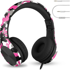 The LilGadgets Connect+ Pro Girls Headphones are a comfortable foldable over-ear headset with in-line microphone, audiophile headphones and a pink camouflage pattern.