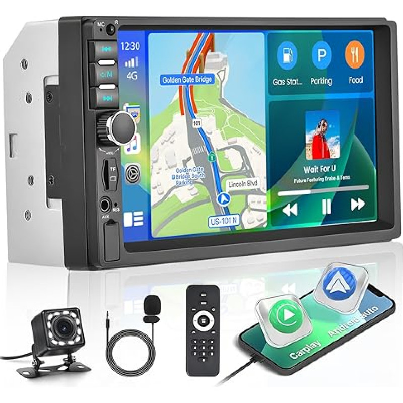 Carplay Android Car Wired, Double DIN Car Radio, 7 Inch Touchscreen Car Radio, Mirror Link, Bluetooth, FM Radio, USB AUX TF SWC, Reversing Camera