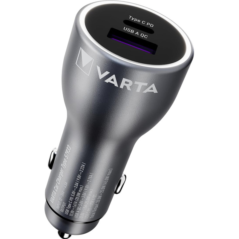 VARTA Charger, Car Charger with 2 Ports USB Type C PD and USB A, Car Charger Dual USB, Car Mobile Phone Charger, Cigarette Lighter Adapter