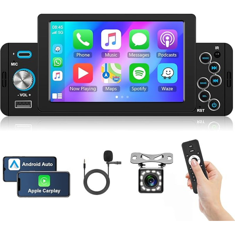 Apple Carplay Car Radio 1 DIN with Android Car Bluetooth Hands-Free Kit 5 Inch Car Radio with Android/iOS Mirror Link Bluetooth FM USB/AUX/TF/Type C/EQ Steering Wheel Control Reversing Camera