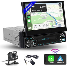 Hikity Wireless CarPlay 1 DIN Car Radio with 7 Inch Motorised Screen Android Car, Touchscreen Car Radio Bluetooth with FM Radio USB Type-C AUX Reversing Camera