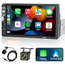 Podofo Car Radio 1 DIN with Apple Carplay and Android Car, 7 Inch Touch Display, Bluetooth Handsfree Kit, FM Radio, SWC, Mirror Link, USB Port, Reversing Camera Included