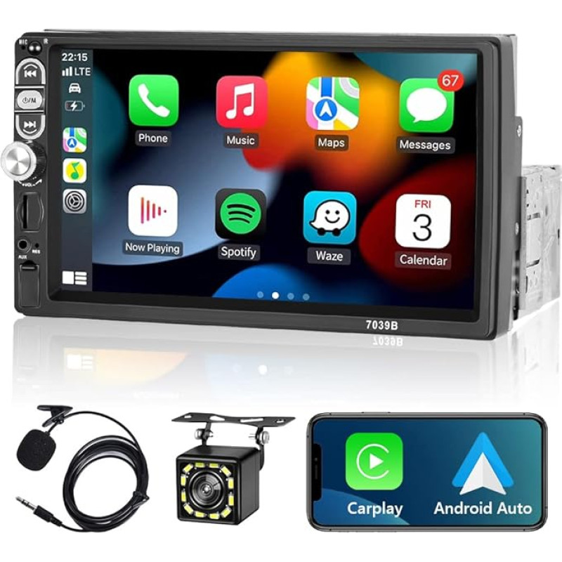 Podofo Car Radio 1 DIN with Apple Carplay and Android Car, 7 Inch Touch Display, Bluetooth Handsfree Kit, FM Radio, SWC, Mirror Link, USB Port, Reversing Camera Included