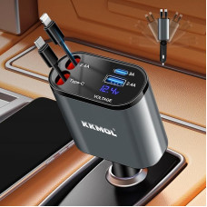 4-in-1 Retractable Car Charger - KKMOL Retractable Car Charger, 66 W Quick Charger Car Retractable Cigarette Lighter, USB Cigarette Lighter Splitter Compatible with iOS/Android