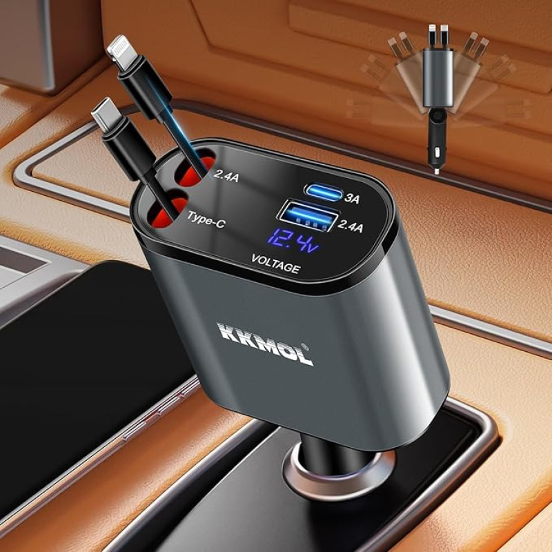 4-in-1 Retractable Car Charger - KKMOL Retractable Car Charger, 66 W Quick Charger Car Retractable Cigarette Lighter, USB Cigarette Lighter Splitter Compatible with iOS/Android