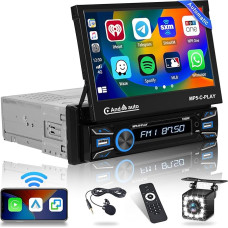 Hikity Car Radio 1Din Wireless Carplay Android Car with Automatic Screen Extendible 7 Inch Touchscreen Car Radio 1Din with Bluetooth Hands-Free Kit FM AUX USB TF Mirror Link Reversing Camera