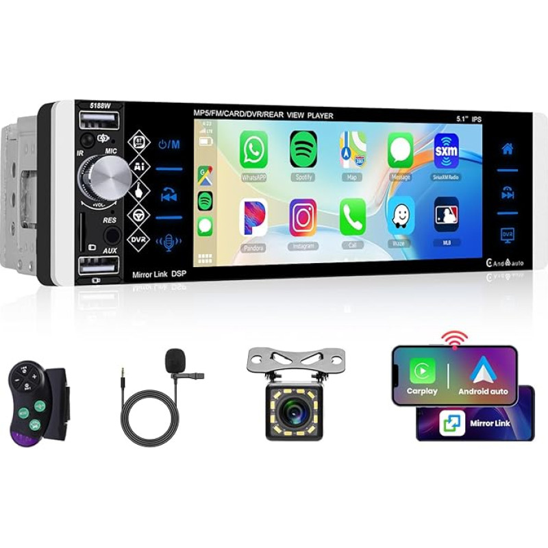 Hodozzy 1 DIN Car Radio Carplay and Android Car, 5.1 Inch Touchscreen Screen with Mirror Link Bluetooth EQ/FM/AM/RDS Radio Reversing Camera, Car Radio MP5 1 DIN Player Support USB AUX TF