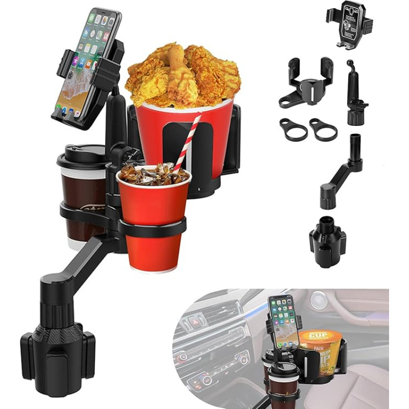 Laetass Cup Holder for Car 360° Rotation Adjustable Base Wide Cup Holder Expander with Dual Cup Holder, Phone Holder, Removable Instant Noodle CupHolder Ashtray, Car Travel Essentials