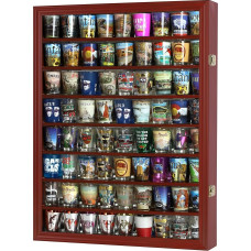 Maple Home Shot Glass Display Case Wall Shot Glass Cabinet Rack Holder Lockable with UV Protection Door Shot Glass Collection Display Case Mirror Back (Cherry Finish)