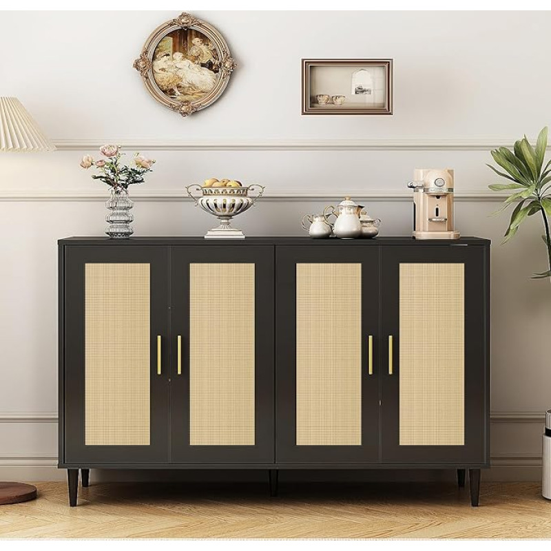 YIJAMLIFE Sideboard Buffet Cabinet with Storage Space, 4 Doors Accent Sideboard, Coffee Bar Cabinet, Rattan Sideboard for Dining Room, Kitchen, Hallway, Cabinet, Console Table