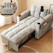 KecDuey Sofa Bed, 3-in-1 Extendable Single Upholstered Sofa, with Cup Holders and Mobile Phone Holder, Sofa Recliner, Sleeping Chair, Armchair, Perfect for Small Spaces (Light Grey)
