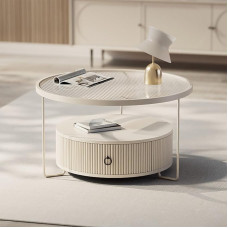 Apvalus skandinaviško stiliaus sofos staliukas stiklinis su stalčiais ir lentynomis Kavos staliukas modernus su marmuro lukštu Šoninis staliukas mažas su tvirtu metaliniu rėmu, lengvai surenkamas (kreminės baltos spalvos) (Spalva: