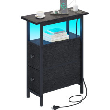 TRIFEBLE - Plonas staliukas su įkrovimo stotele, plonas staliukas su 2 medžiaginiais stalčiais, mažas staliukas mažoms erdvėms, plonas naktinis staliukas su LED apšvietimu miegamajame