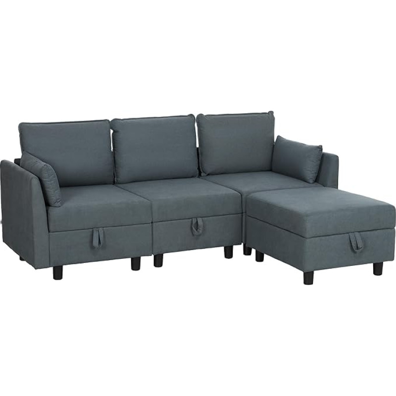 HOMCOM modulinė sofa su pufu ir daiktadėže, 3 sėdimų vietų L formos kampinė sofa su pagalvėle ir flaneliniu užvalkalu svetainei, 213 x 156 x 88 cm, tamsiai pilka
