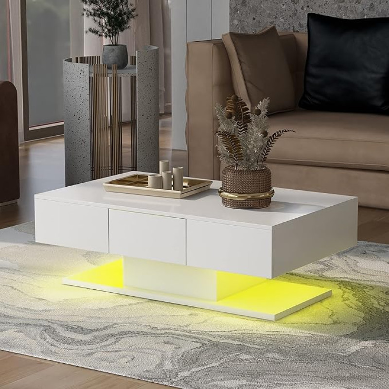 Svetainė 2 stalčiai Arbatos daugkartinis blizgus sofos stalas Svetainės arbatos staliukas su baltais stalčiais Didelis arbatos staliukas Blizgus sofos staliukas 100 cm