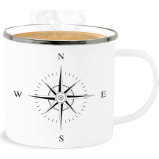 Shirtracer Enamel Tin Cup - Statement - Compass - Black - 300 ml - White Silver - Statements Compass Rose Sailing
