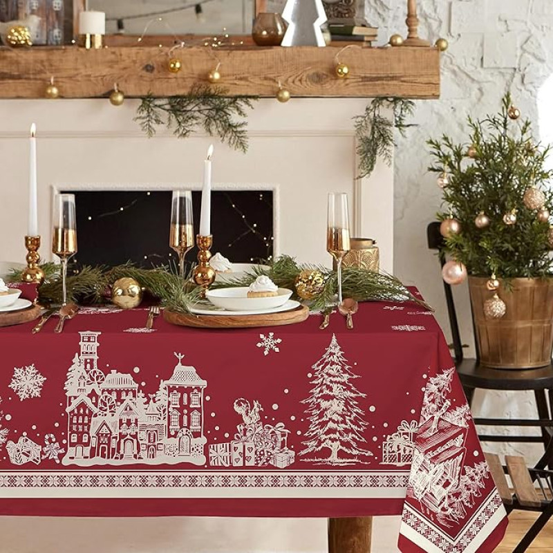 Kalėdinė stačiakampė staltiesė Kalėdų eglutė Elk Santa Snowflake Raudona poliesterio vandeniui atspari raukšlėms atspari patvari staltiesė atostogų virtuvei žiemą ir namų apdailai