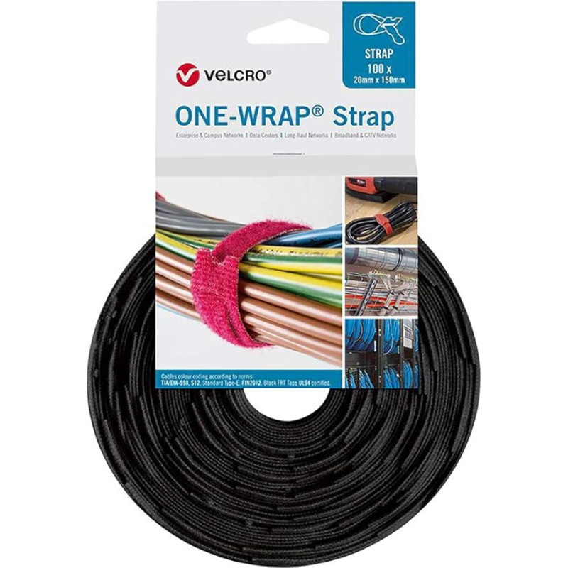 VELCRO® One Wrap® juostiniai kabelių raiščiai 20 mm x 200 mm, 100 vnt., juodos spalvos