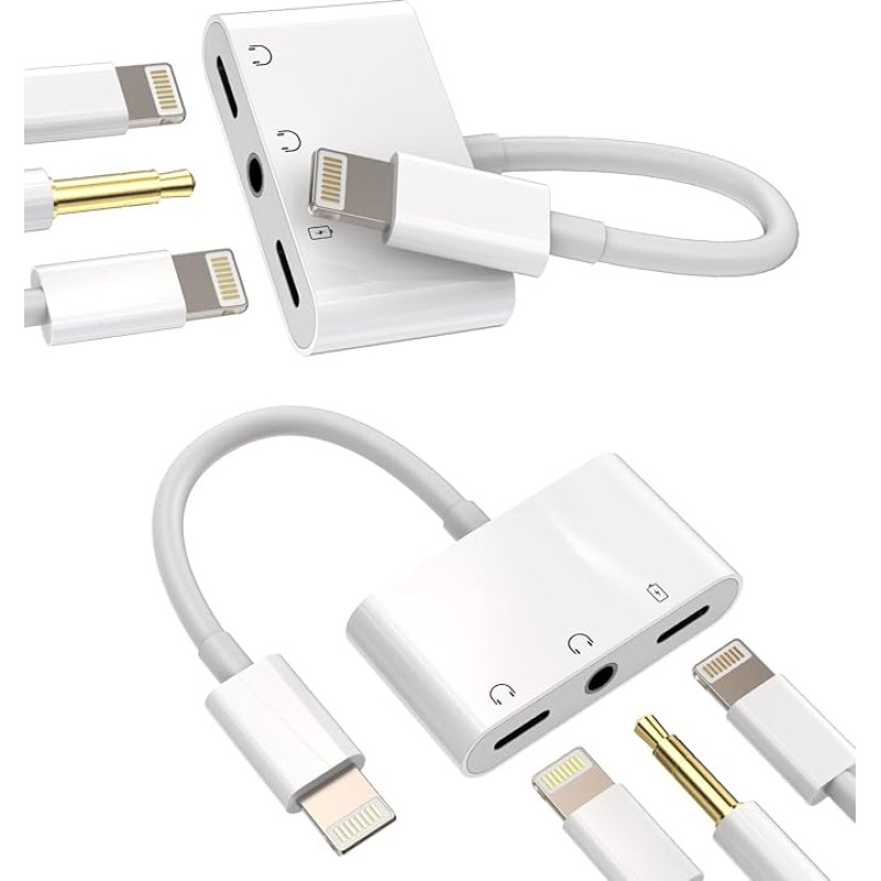 Žaibolaidis su 3,5 mm ilgio jungtimi (2 vnt.), 3-in-1 für iPhone, AUX adapteris, Dongle für Apple, MFi-zertifikuotas, 11, 12, 13, 14, Pro Max, 8 Plus, X, XR für iPad, Muzikinis, Adapteris, Kabelis