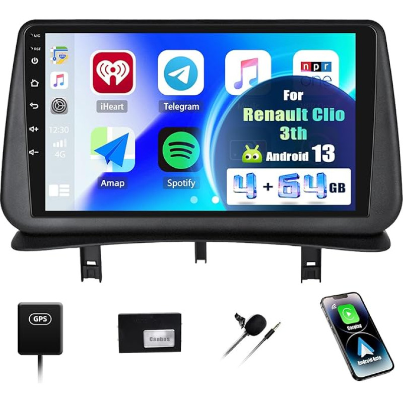 [4+64G] SIXWIN Android 13 automobilinis radijas su CarPlay/Android Car/Mirror Link, skirtas Renault Clio 3 2005-2014.9 colių HD jutiklinis ekranas Palaiko WiFi GPS Bluetooth 5.0 FM/RDS 32EQ