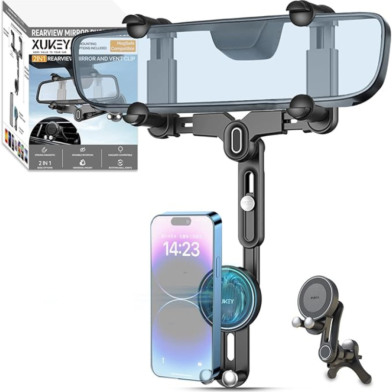 XUKEY veidrodėlio ir ventiliacijos angos magnetinis mobiliojo telefono laikiklis automobiliui, galinio vaizdo veidrodėlio mobiliojo telefono laikiklis, 360° pasukamas automobilinis mobiliojo telefono laikiklis, suderinamas su iPhone 16/15/14/14/13/12