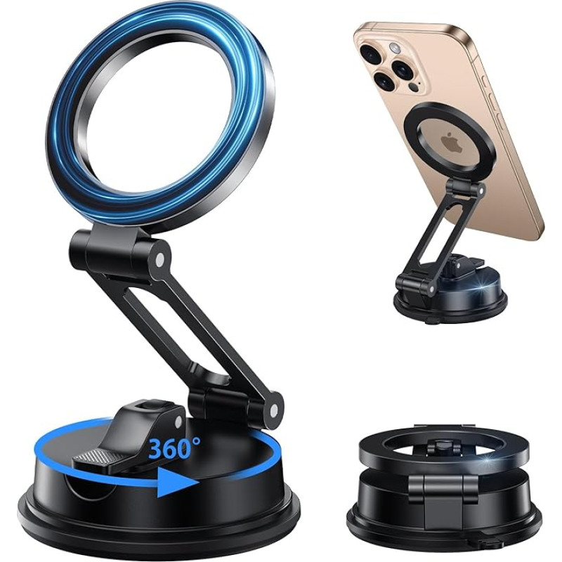BENTOBEN Automobilinis telefono laikiklis, siurbtukas [universalus], magnetinis telefono laikiklis su metaline rankena, 360° pasukamas pagrindas, stiprūs klijai, 