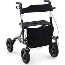 FANTASK Rollator with Seat for Seniors, Foldable and Lightweight with Pneumatic Tyres, Aluminium, Lightweight Rollators, up to 160 kg, 2 in 1 Wheelchair & Travel Rollator (Black)