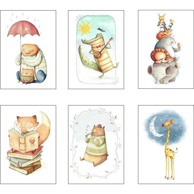 DKORARTE 6 medinių paveikslėlių rinkinys, dekoracijos moderniai svetainei, miegamajam, vaikų kambariui, piešiniams, gyvūnams, pliušiniams žaislams su metaliniais pakabukais (38 x 29 cm vienam paveikslėliui)