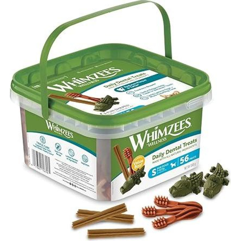 WHIMZEES by Wellness Mixed Variety Box kramtomosios lazdelės mažiems šunims, skirtos dantų priežiūrai, S dydis, 56 pakuotės, be pridėtinio cukraus, be grūdų, natūralios, neriebios