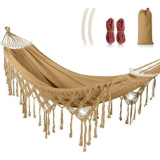 Outdoor Boho Style Hammock for Garden, Balcony, Patio, Indoor with Curved Wooden Pole, Fastening Straps and Carry Bag