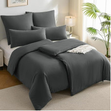 JELLYMONI 4 dalių patalynės komplektas, 135 x 200 cm, medvilnė, 40 x 80 cm, Oeko-Tex, 100 % medvilnė, 2 antklodės užvalkalai su užtrauktuku, 2 pagalvių užvalkalai su voku, tamsiai pilka, klasikinis, visam sezonui, viengungis, 1 komplektas