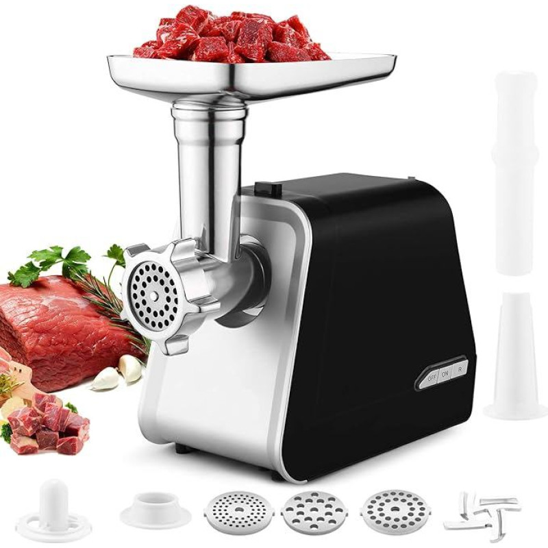 Nictemaw elektrinė mėsmalė, 2000 W malimo mašina su 3 perforuotais diskais, dešrelių priedu ir sausainių priedu, skirta daržovėms, mėsai ir sausainiams