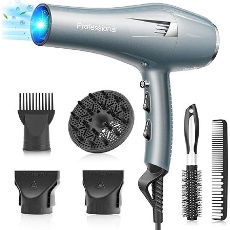 Profesionalus plaukų džiovintuvas Joninis plaukų džiovintuvas Plaukų džiovintuvas su 1 difuzoriumi, 2 modeliavimo antgaliais, 3 kaitinimo ir 2 greičio lygiais, 2,5 m ilgio maitinimo laidu, stiprus plaukų džiovintuvas šeimai (mėlynas)