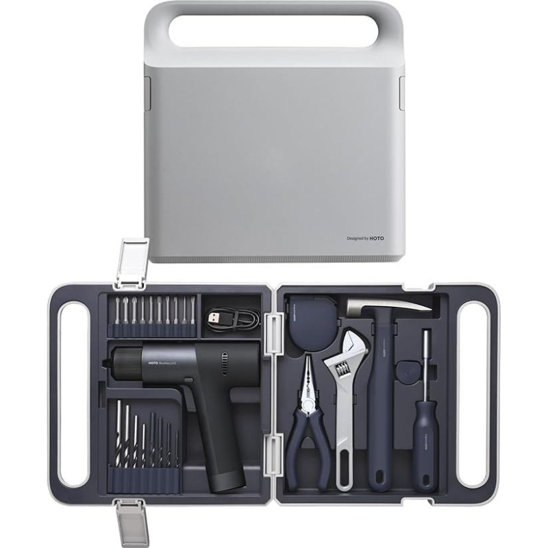 HOTO įrankių dėžė su 26 dalių įrankių rinkiniu, kuriame yra 12 V grąžtas, atsuktuvas, veržliaraktis, plaktukas, replės, juostinis matuoklis, tinka dirbtuvėms ir namų ūkiams, pilka/tamsiai mėlyna spalva